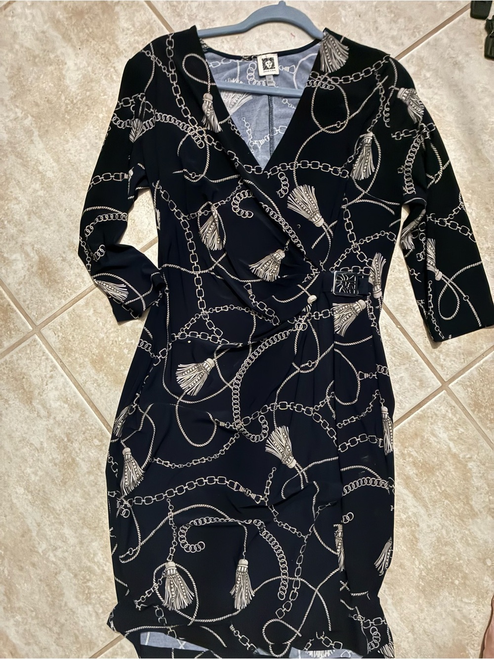 Anne Klein Navy Dress with Silver Chain & Tassel Print - Picture 2 of 3